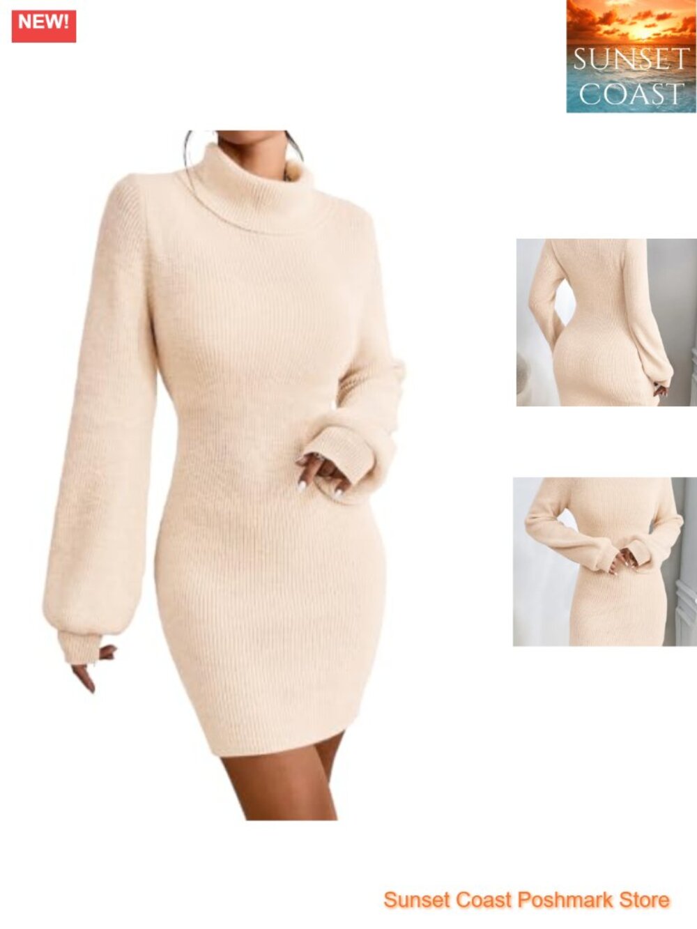 Turtleneck Sweater Dress Women Ribbed Knit Bodycon Mini Long Sleeve